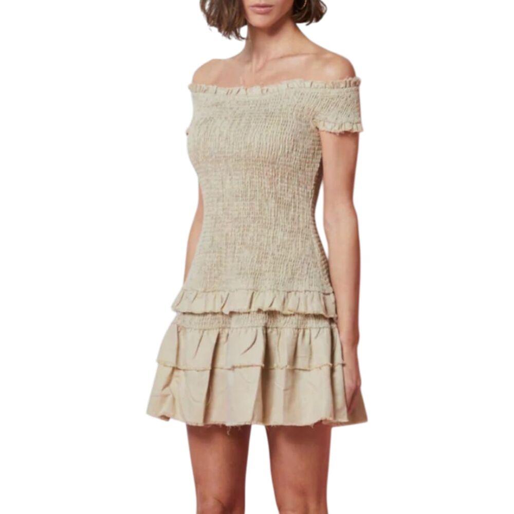 NWT ELLIATT Taylor Luxe Linen Smocked Ruffle Mini Dress Stone Medium Retail $235